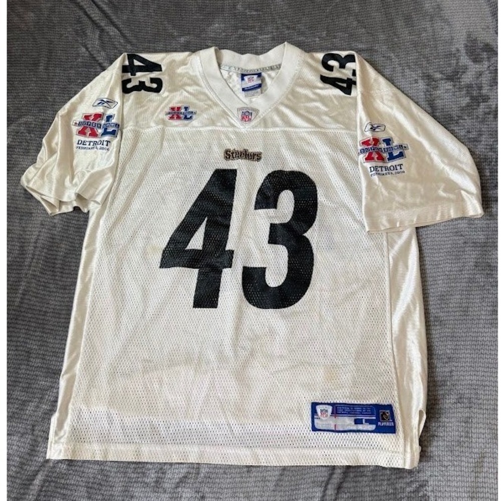 Reebok NFL Pittsburgh Steelers Troy Polamalu Super Bowl XL Jersey White Mens L